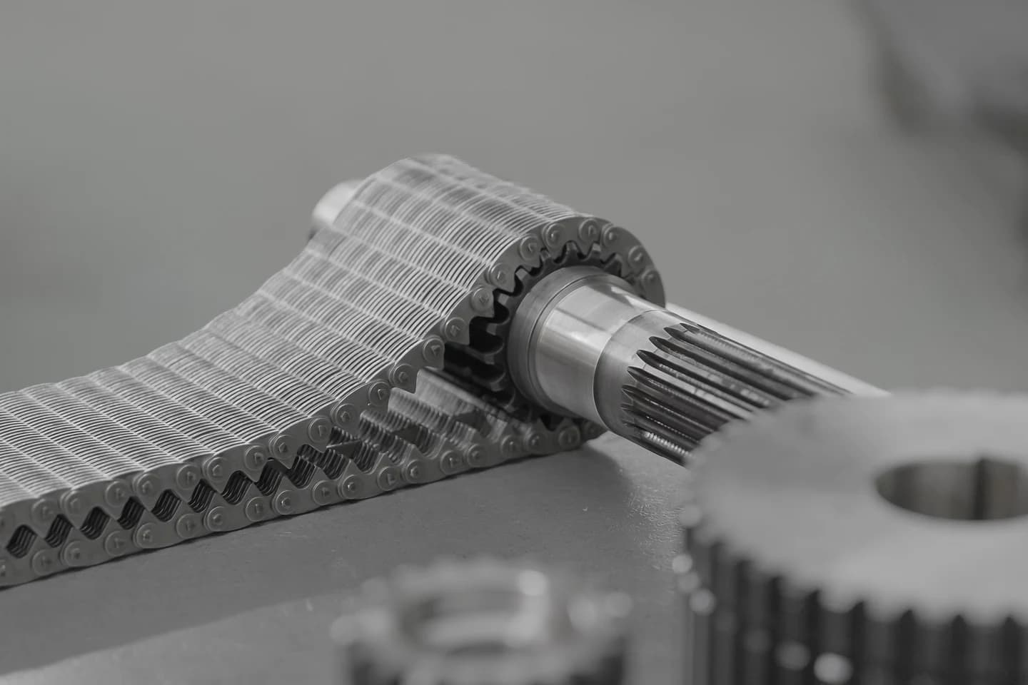 Silent chain positioned around a shaft-mounted sprocket assembly