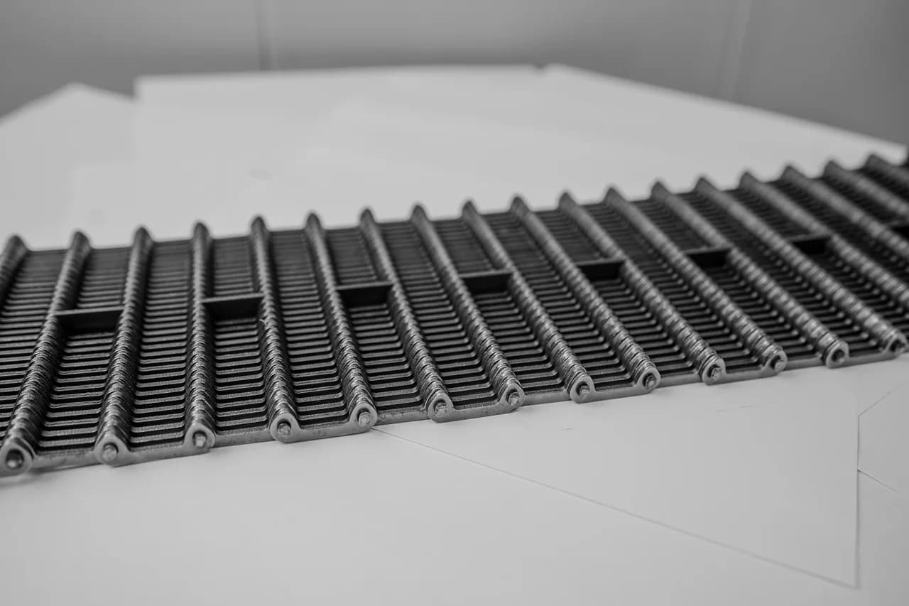 Conveying-chain section laid flat with open spacing between plates