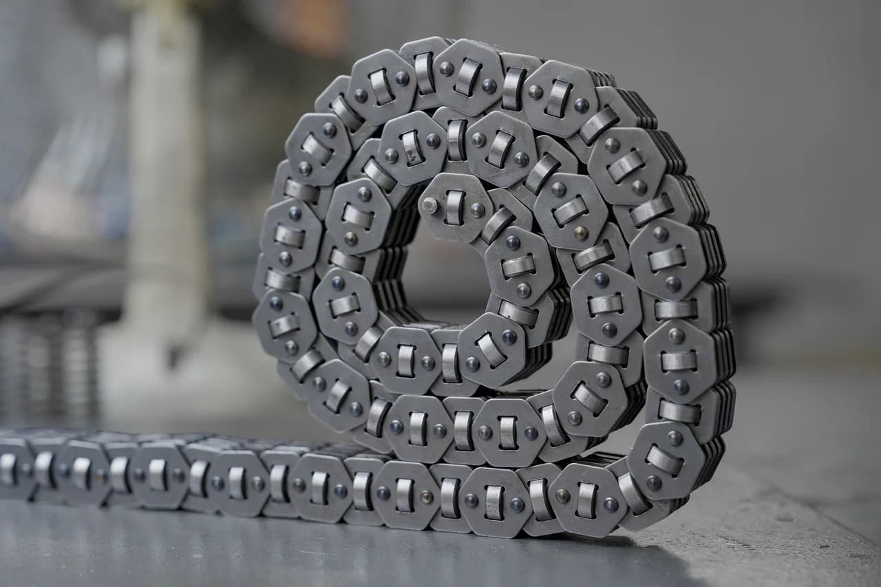 Coiled P.I.V. variable-speed chain standing on a workshop surface