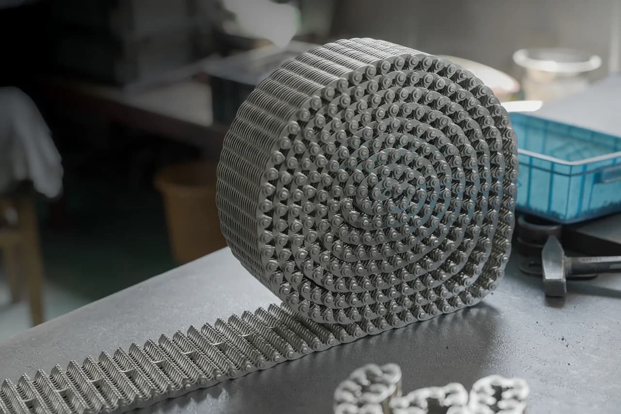 Wide silent-chain assembly coiled upright on a workshop table