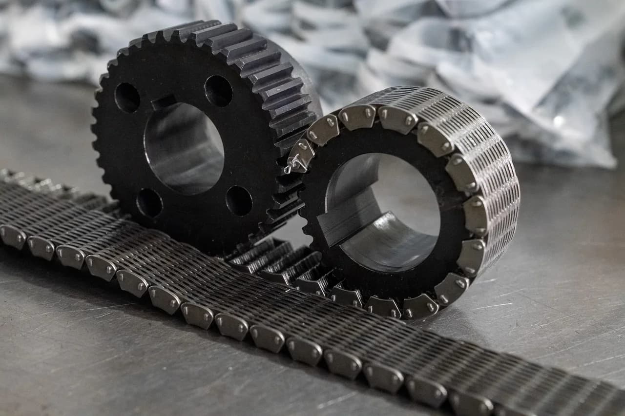 Chain section and two sprockets arranged together on a workshop table