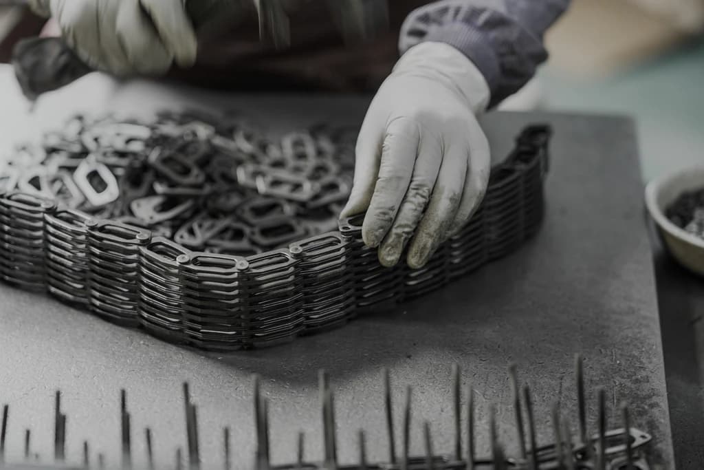 Gloved hands assembling a chain on a workbench