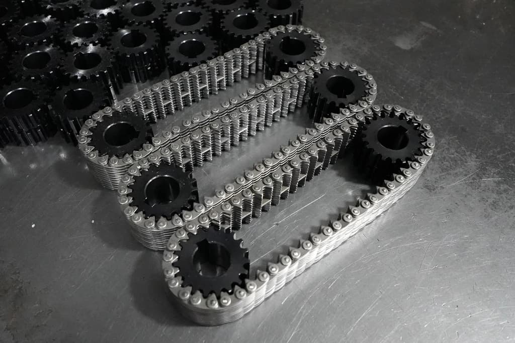 Chain and sprocket assemblies arranged on a workbench