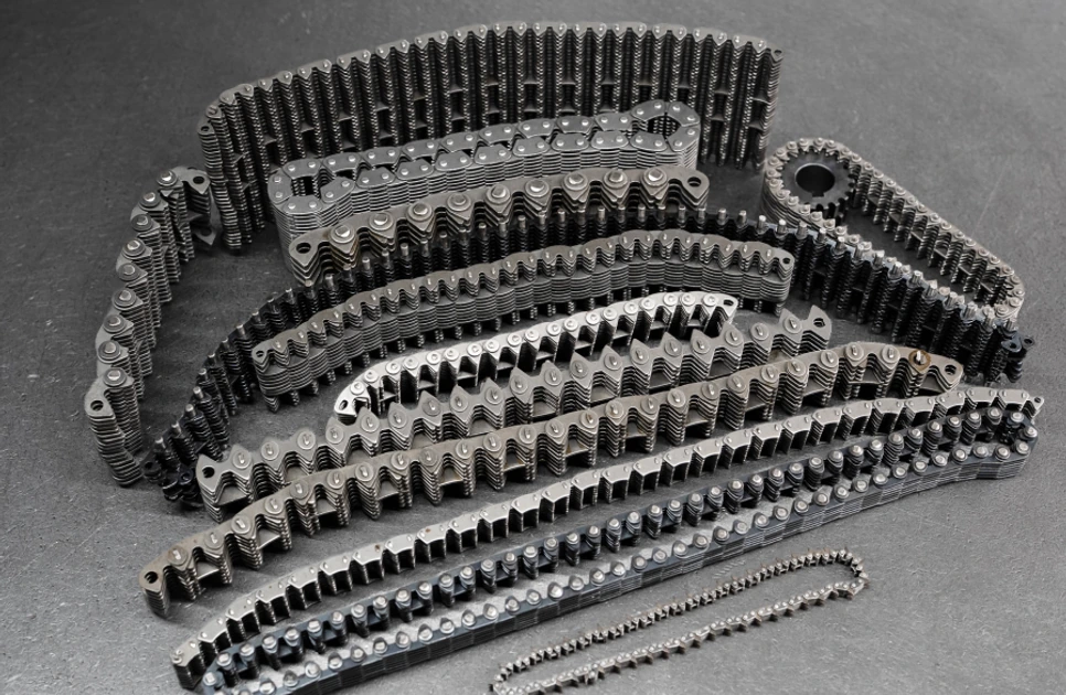 Several chain constructions and a sprocket arranged on a metal workshop surface